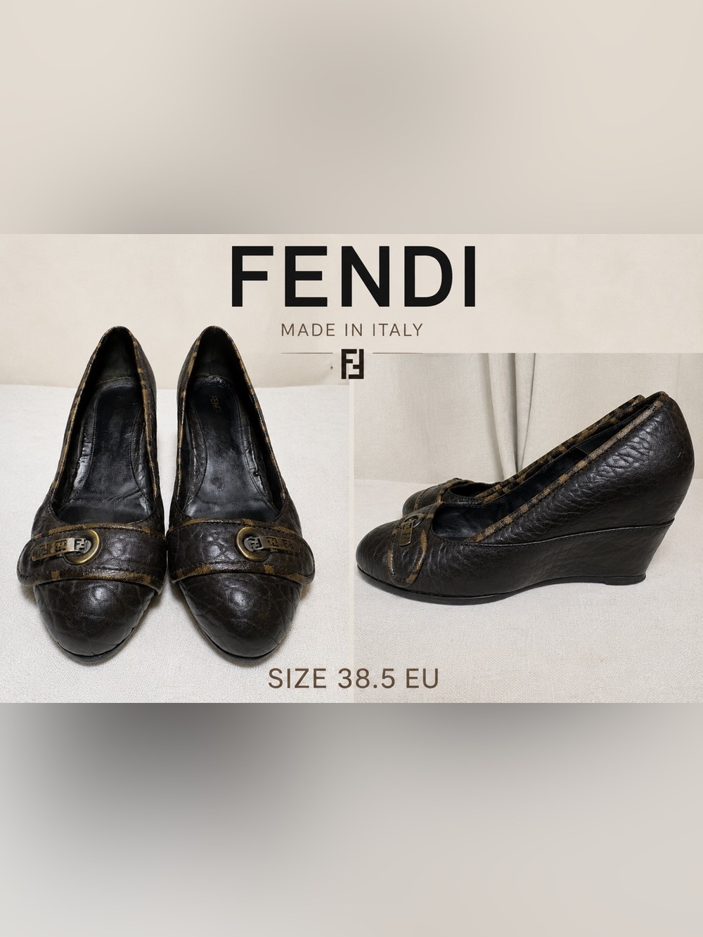 Vintage Fendi FF Logo Brown Leather Wedge Heels EU 38.5 US 8.5 Made In Italy Lux